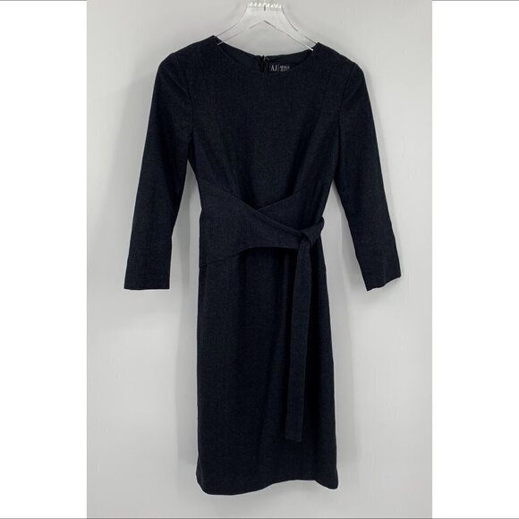 AJ Armani Jeans navy blue shift dress attached belt tweed lined zipper 4 - Picture 1 of 4